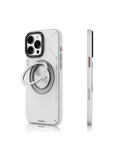 Apple Uyumlu iPhone 16 Pro Kılıf Magsafe Şarj Özellikli 360 Standlı Deri Desenli Youngkit Tech Leather Serisi Gri