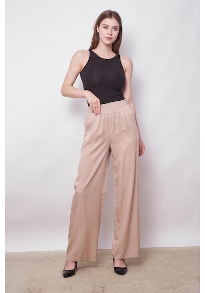 JUMENT %100 Iyocell Akıcı Şık Kumaş Yüksek Bel Beli Lastikli Yan Cepli Bol Paça Pantolon -taş