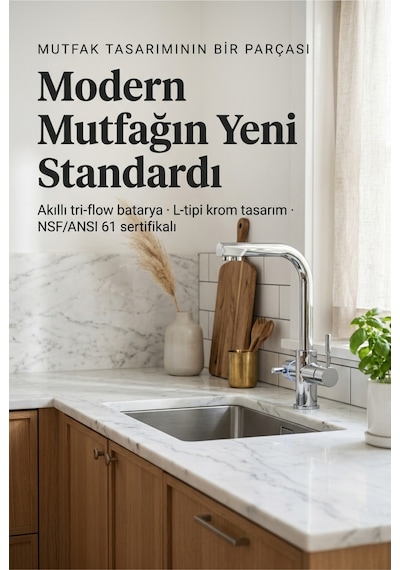 Likuan Akıllı 3 Yollu Tri-flow Mutfak Bataryası Sıcak/soğuk Filtreli + Şebeke Led Renk Göstergeli L-tipi Krom Gümüş