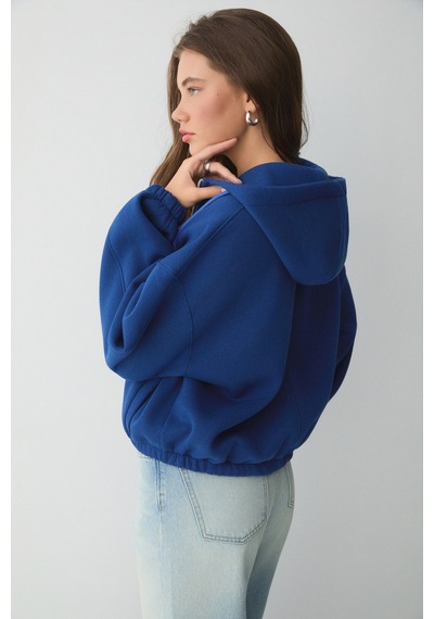 ETHIQUET VA IT Kadın Çift Cepli Eteği Ve Kol Ucu astikli Fermuarlı Oversize Saks Mavi Sweatshirt