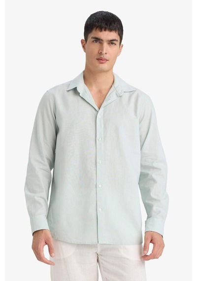 Defacto Regular Fit Polo Yaka Keten Karışımlı Yazlık Uzun Kollu Gömlek E0518ax25smgn1260 Yeşil