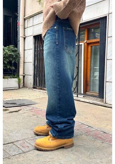 Flaw Eskitme Model Çizgili Baggy Jean Mavi Mavi
