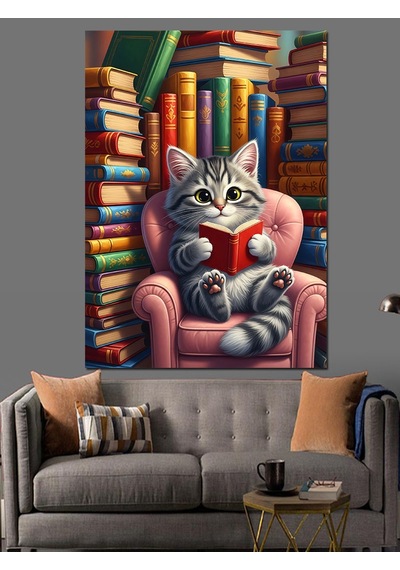 Ahşap Tablo Kütüphanede Kitap Okuyan Kedi