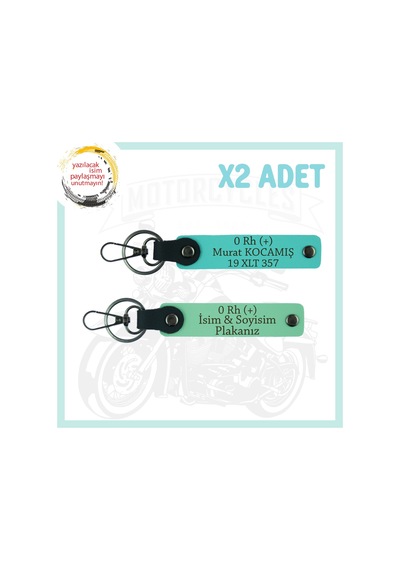 Yeşil-turkuaz, Motor Severlere, İsim Plaka Ve 0 Rh + Kan Grubu Yazılı Özel Tasarım X2 Anahtarlık Çok Renkli