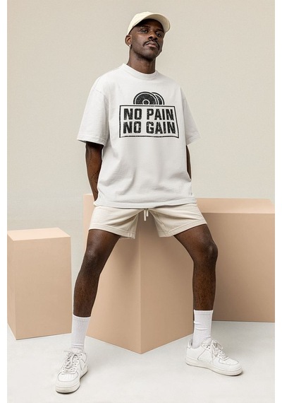 No Pain No Gain Gym Fitness Temalı Oversize Unisex Tişört Beyaz
