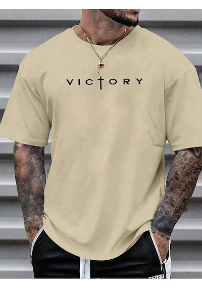 Victory Baskılı Süprem Bej T-shirt - Oversize Bisiklet Yaka Tişört Bej-280554 Victory Baskılı Süprem Bej T-shirt - Oversize Bisiklet Yaka Tişört Bej-280554