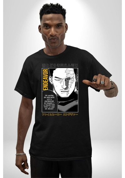 Enji Todoroki Manga Pamuklu Bisiklet Yaka Unisex Oversize Boyfriend Dijital Baskılı Siyah T-shirt Siyah