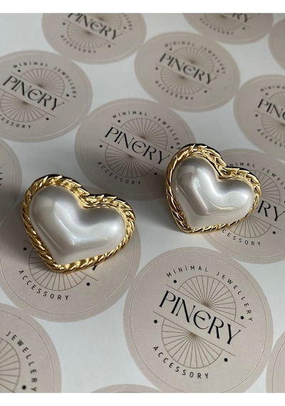 Pinery Jewels İncili Kalp Paslanmaz Çelik Kadın Küpe Çifti Altın