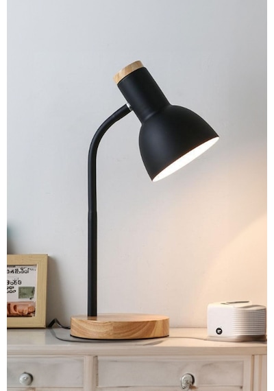 Usb Led Masa Lambası Siyah Ahşap Tabanlı Modern Dekoratif, Şık Esnek Boyunlu Ofis Ve Çalışma Lambası Siyah