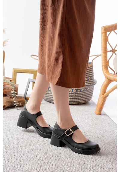 Asmi Shoes Kadın Elisa Siyah Cilt 6 Cm Tek Baletli Topuklu Loafer Ayakkabı Siyah Siyah