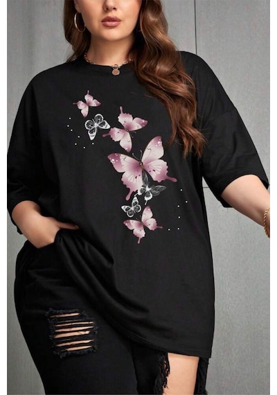 Kelebek Baskılı Kadın Büyük Beden Battal Bisiklet Yaka Pamuklu T-shirt Rahat Kesim SIYAH