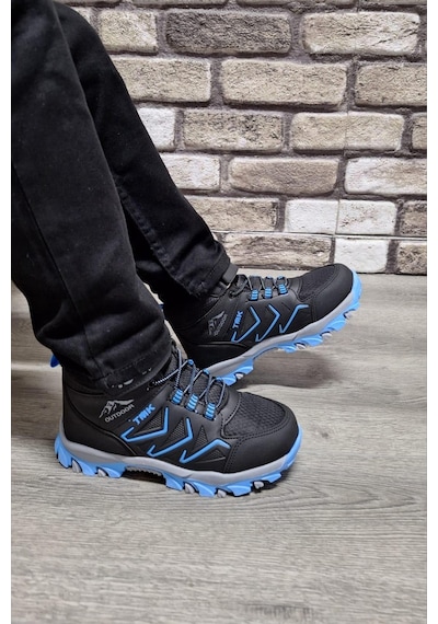Rahat Konforlu Taban Outdoor Spor Cırtlı Çocuk Botu Siyah - Mavi