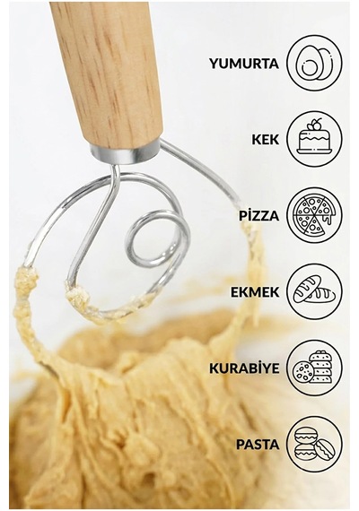 Danimarka Tipi Hamur Çırpıcı - Ahşap Saplı Paslanmaz Çelik Un & Ekşi Maya Karıştırma