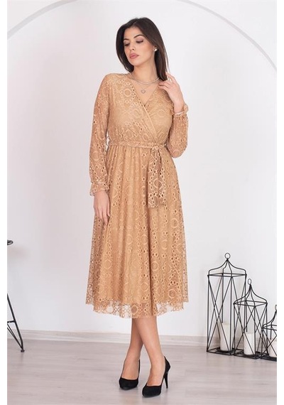 Neşeli Butik Kadın Camel Kuşaklı Kruvaze Yaka Astarlı Dantel Elbise Rssn31 Camel