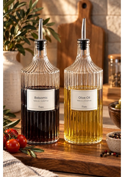 Porsima Viking 18113 2li 1000 Ml Cam Şişe Yağlık Sirkelik Çift Kapaklı Gümüş Gümüş