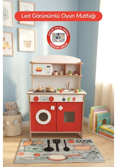 Rozitoys Ahşap Montessori Minimal Led Ocak Tasarımlı Çocuklar İçin Eğitici Mutfak 5977