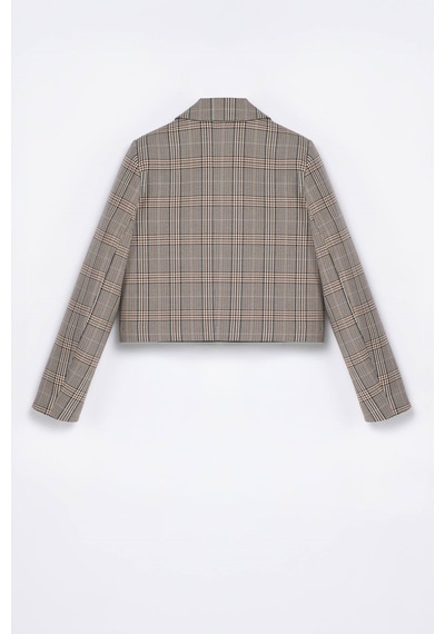 Thalure Kadın Kahverengi Ekoseli Crop Blazer Kahverengi