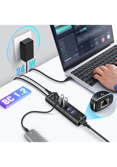 Apple Uyumlu MacBook 7 İn 1 Type C Hub 24w Güç Gigabit Ethernet Girişli 10 Gbps Usb 3.2, 5gbps Usb 3.0 Bağlantı