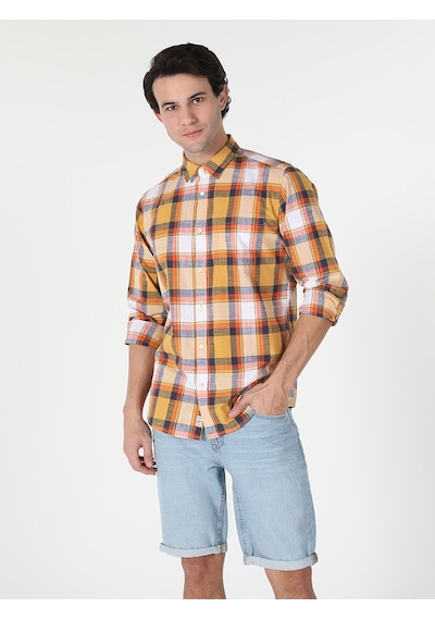 Colin's Regular Fit Kareli Erkek Sarı Uzun Kol Gömlek CL1059563_Q1.V1_YLS Turuncu