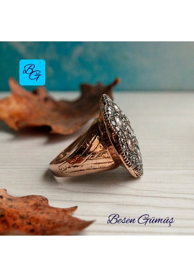 Elmas Montürlü Büyük Papatya Model Yüzük Gümüş - Rose Gold