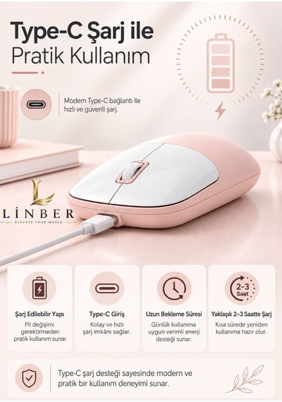 Şarjlı Kablosuz Pembe Mouse Bluetooth + 2.4g Çift Modlu Type-c Şarjlı Sessiz Tuşlu Ergonomik Optik 1200/1600 Dpı Taşınabilir Mouse Çok Renkli Diğer