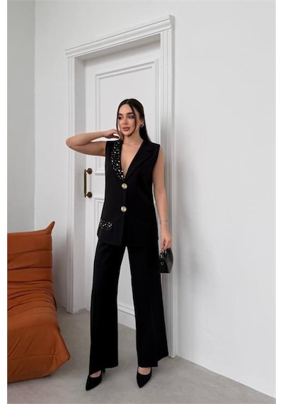 Neşeli Butik Kadın Siyah Taş İşlemeli Düğme Detaylı Kolsuz Blazer Ceket Pantolon Takım Nbstr1030 Neşeli Butik Kadın Siyah Taş İşlemeli Düğme Detaylı Kolsuz Blazer Ceket Pantolon Takım Nbstr1030