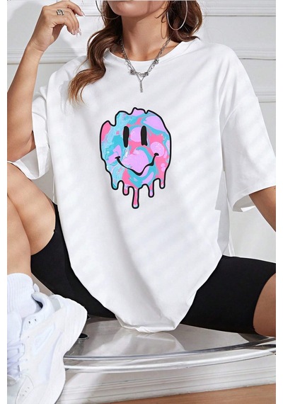 Unisex Smile Baskılı Tasarım Tshirt Beyaz