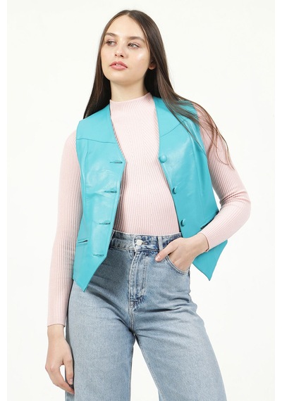 Dericlub Vittoria Kadın Düğmeli Slim Fit Hakiki Deri Yelek Turkuaz