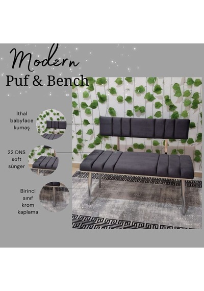 Özcan Metal Metal Ayaklı Metal Kasalı Sırtlı Krom Mutfak Salon Antre Yatak Odası Balkon Bench Puf Bank Oturak Antrasit