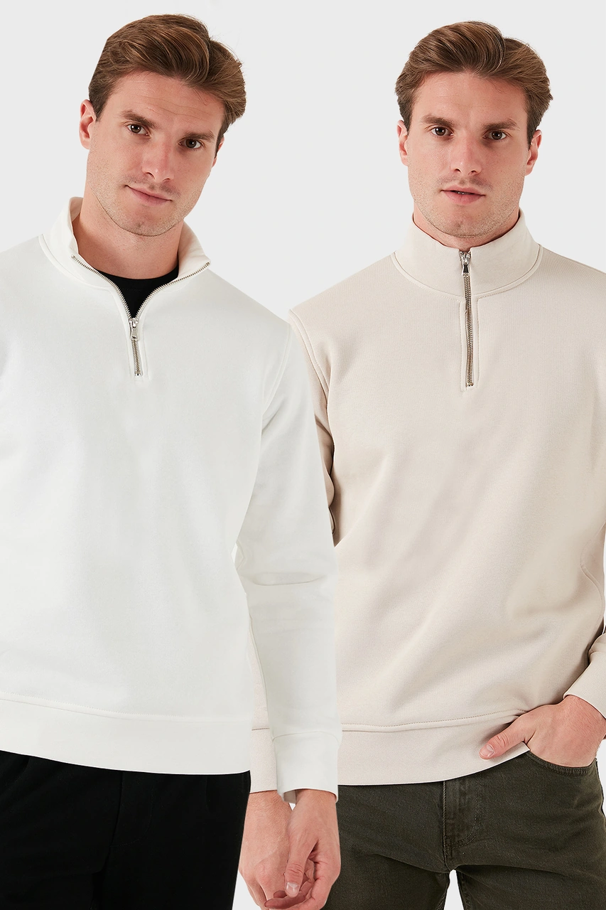 Buratti Pamuklu Regular Fit Dik Yaka 2'Li Paket Erkek Sweat 59052592S2 Ekru-Kum