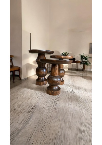 Wood Wooden Ahşap 3 Lü Set Fitilli Mantar Yan Sehpa / Ceviz Renk