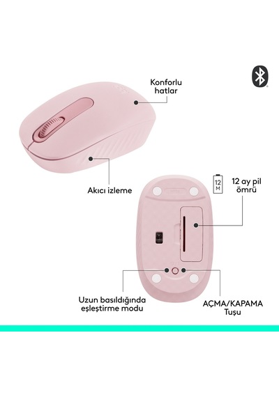 Logitech M196 Bluetooth Kablosuz Kompakt Pc Ve Mac İle Uyumlu Mouse - Pembe