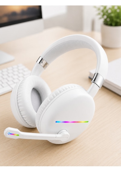 Kablosuz Bluetooth Mikrofonlu Beyaz Kulaklık Rgb Işıklı