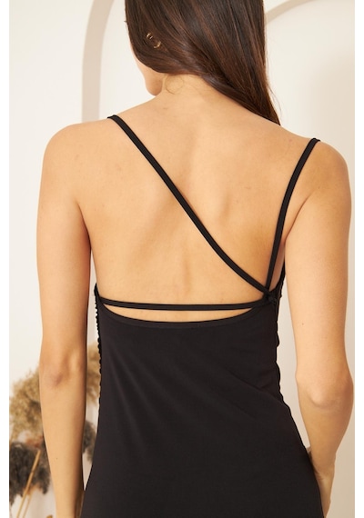 Darlin Moda Siyah Degaje Yaka Yırtmaçlı Elbise Dm1040