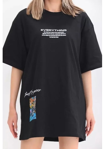 Unisex Bisiklet Yaka Baskılı Oversize T-shirt - Siyah Siyah