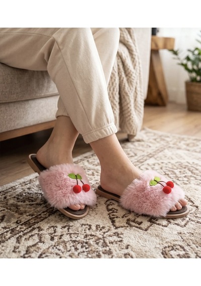 Kadın Kiraz Detaylı Tüylü Peluş Terlik Pembe