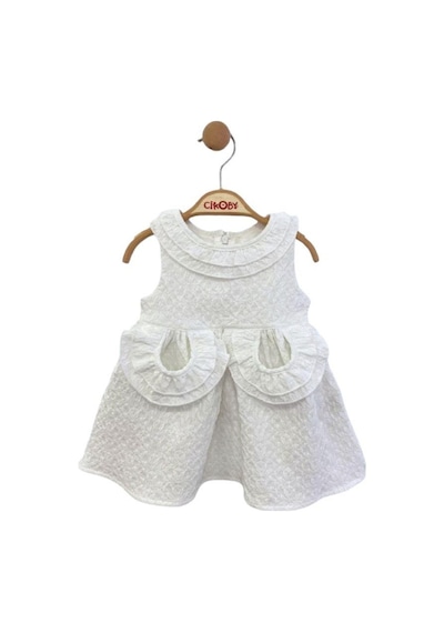 Çikoby Kız Bebek Cep Yaka Fırfırlı Beyaz Elbise-13881 Beyaz