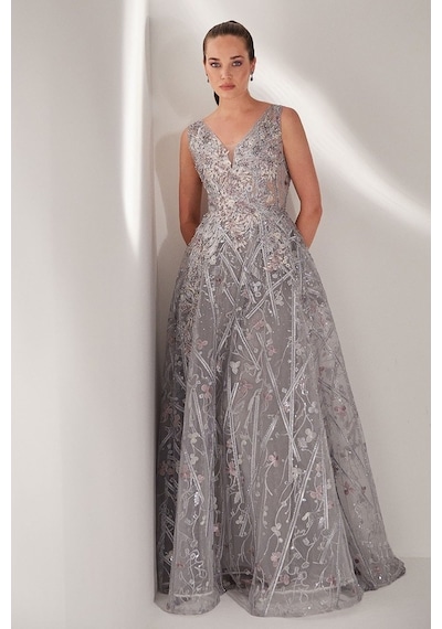 Tiara Kadın Çiçek Desen Nakışlı Abiye Elbise 59460205 Gri Gri