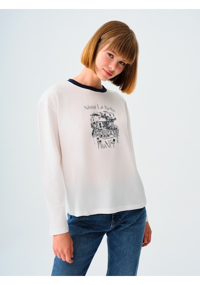 Oversize Kadın Tshirt U.kol Off Whıte Blue Oversize Kadın Tshirt U.kol Off Whıte Blue