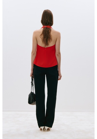 Suud Collection Kırmızı Marty Halter Yaka Poplin Bluz