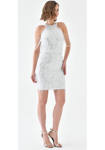 Hanife Glam Couture Hanife Glam Halter Yaka Taş Tasarımlı Saçaklı Pul Payet Mini Elbise Gümüş