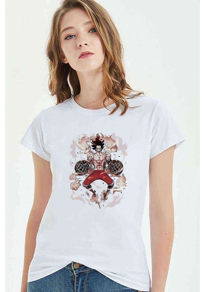 Anime One Piece Flame Baskılı Beyaz Kadın Tshirt (534309930)