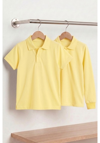Nacar Store Unisex Çocuk Uzun Ve Kısa Kollu Polo Yaka Okul Tişörtü 2'li Set Acık Sarı