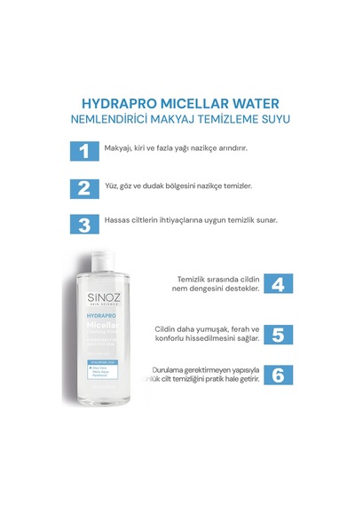 Sinoz Hydrapro Micellar Water Hassas Ciltler İçin Nemlendirici Makyaj Temizleme Suyu 400 Ml