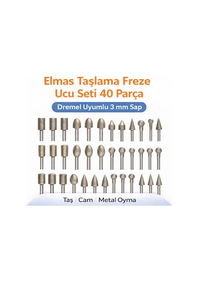 Senbang Elmas Taşlama Freze Ucu Seti 40 Parça Dremel Uyumlu 3 Mm Sap Taş Cam Metal Oyma