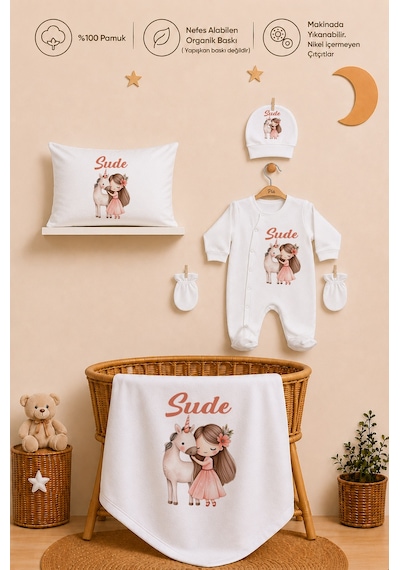Pia Baby Kişiye Özel İsimli Kız Bebek Hastane Çıkış Seti 11 Parça %100 Pamuk 110511yx Ekru