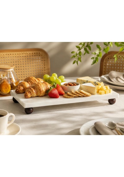 Beyaz Mermer Ahşap Ayaklı Sunum Tepsisi 15x30 Cm Dekoratif Lüks Sofra Servis Tepsisi