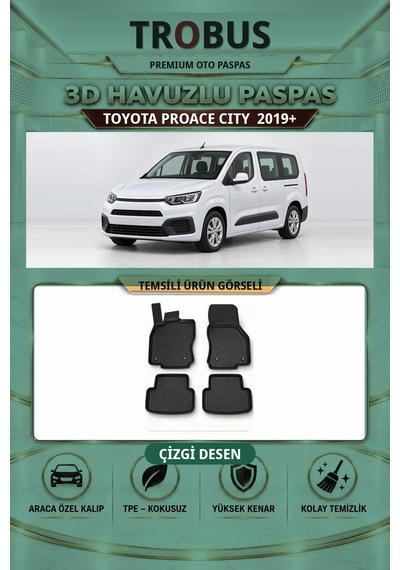 Toyota Proace City 2019+ Arka Koltuklu Çizgi Desen 3d Havuzlu Paspas Takımı Siyah