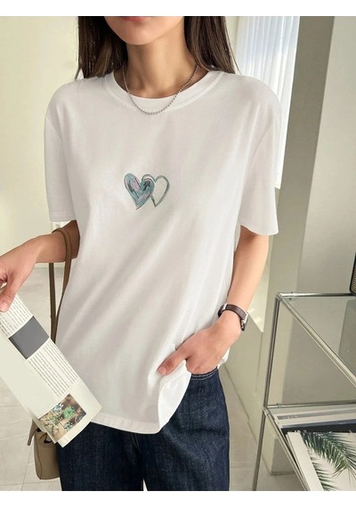 Çift Kalp Logo T-shirt - Beyaz Baskılı Oversize Bisiklet Yaka Kısa Kol Tişört Beyaz