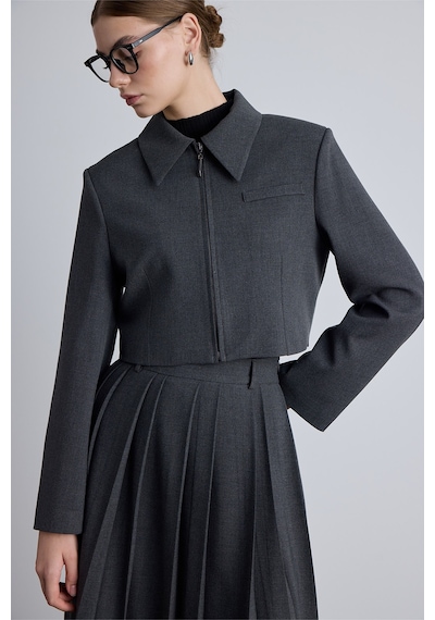 Manuka Klasik Kesim Crop Blazer Ceket Antrasit Antrasit